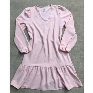 2 Hearts Pink Dress Long Sleeve Ruffle Hem V Neck Casual Dress‎ Size M